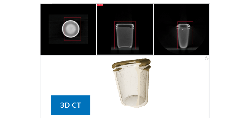 CT inspection images of glass-in-glass packaging showing segmented container structures and inspection focused within the product zone.