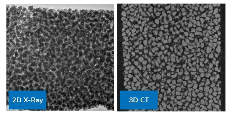 Side-by-side comparison of 2D X-ray and 3D CT inspection images of bulk sausage crumbles, showing how CT reconstruction improves visibility inside dense product layers.