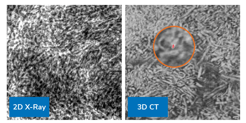Side-by-side comparison of X-ray and CT inspection images of shredded cheese, with CT isolating a small wire fragment that is difficult to detect in the X-ray image.